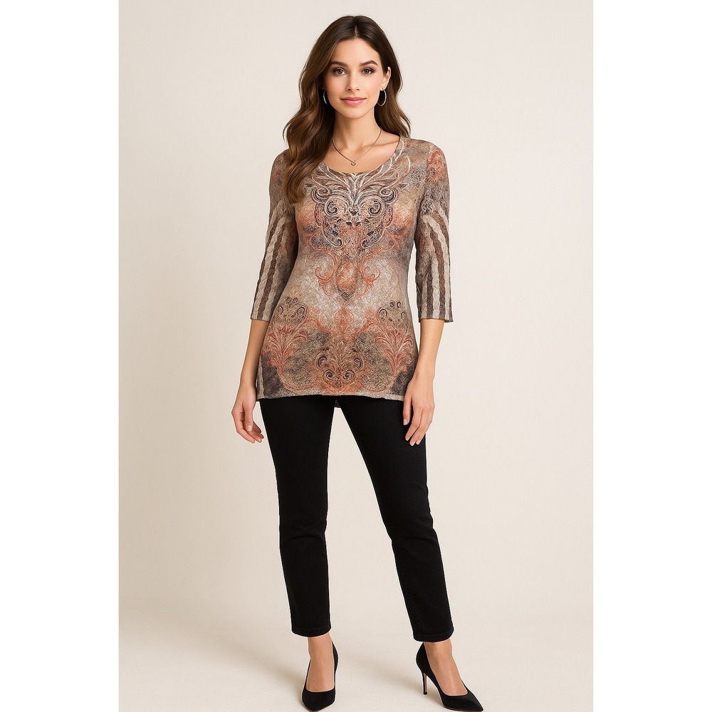 Y2K Cal Style Top Womens‎ 2X Brown Floral Lace Overlay Artsy Rhinestone Tunic